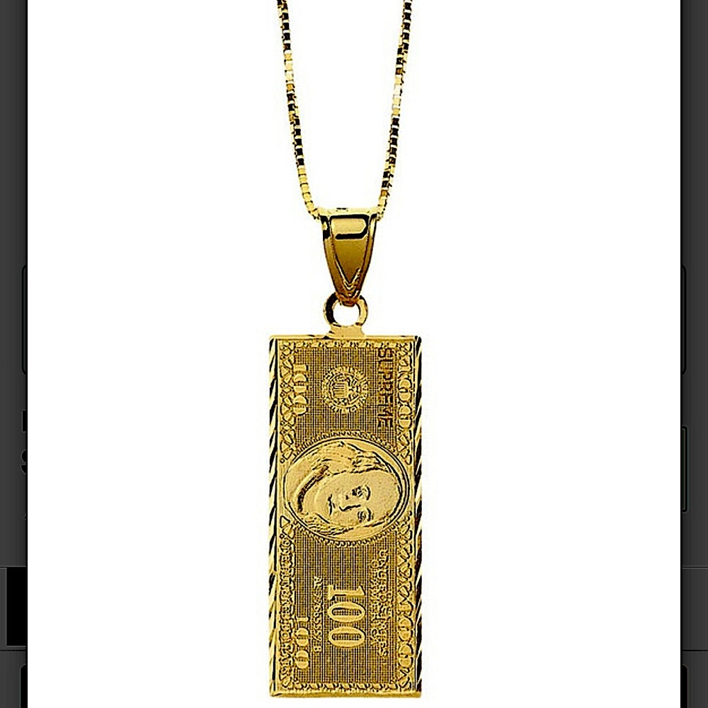Men’s Supreme Gold Pendant & Chain necklace. $100 Bill/Pendant hangs @ mid-torso